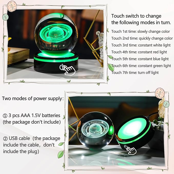 YWHL 3D Crystal Ball with LED Light Base, 3D Laser Engraved Glass Sphere Galaxy Crystal Ball for Home Decorations, Planet Saturn Lamp Gifts for Mother's Day Birthday Christmas (80mm)