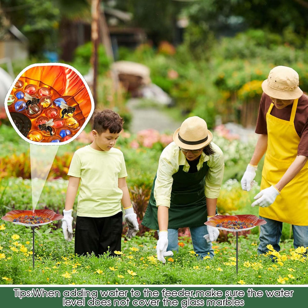 Tandefio Vivid Flower Bee Watering Station Metal Butterfly Water Feeder Cup with 30 Colorful Glass Marbles Bee Feeder Butterfly Bath Bowl for Garden Outdoor Yard Decors(Golden Brown,Flower)