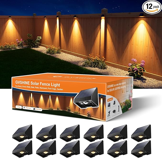 12 Pack Decorative Solar Powered Fence Lights Outdoor Waterproof with Warm White LED Spot Lens, for Outside Wall, Deck, Patio, Yard, Rail, Garage, Pool, Designed for Enhanced Security, Easy Install