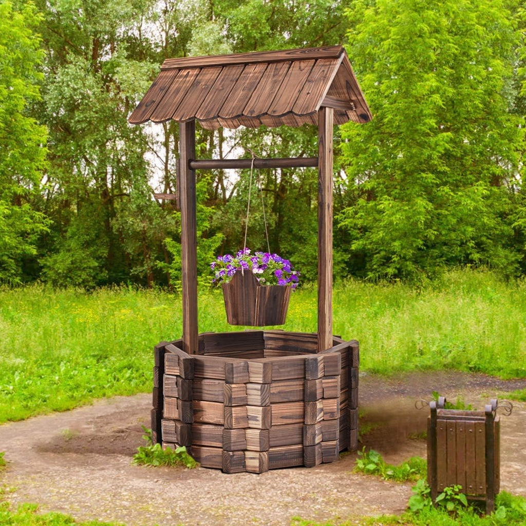ReunionG Outdoor Wooden Wishing Well Garden Planter with Hanging Flower Bucket for Patio Garden Home Decor