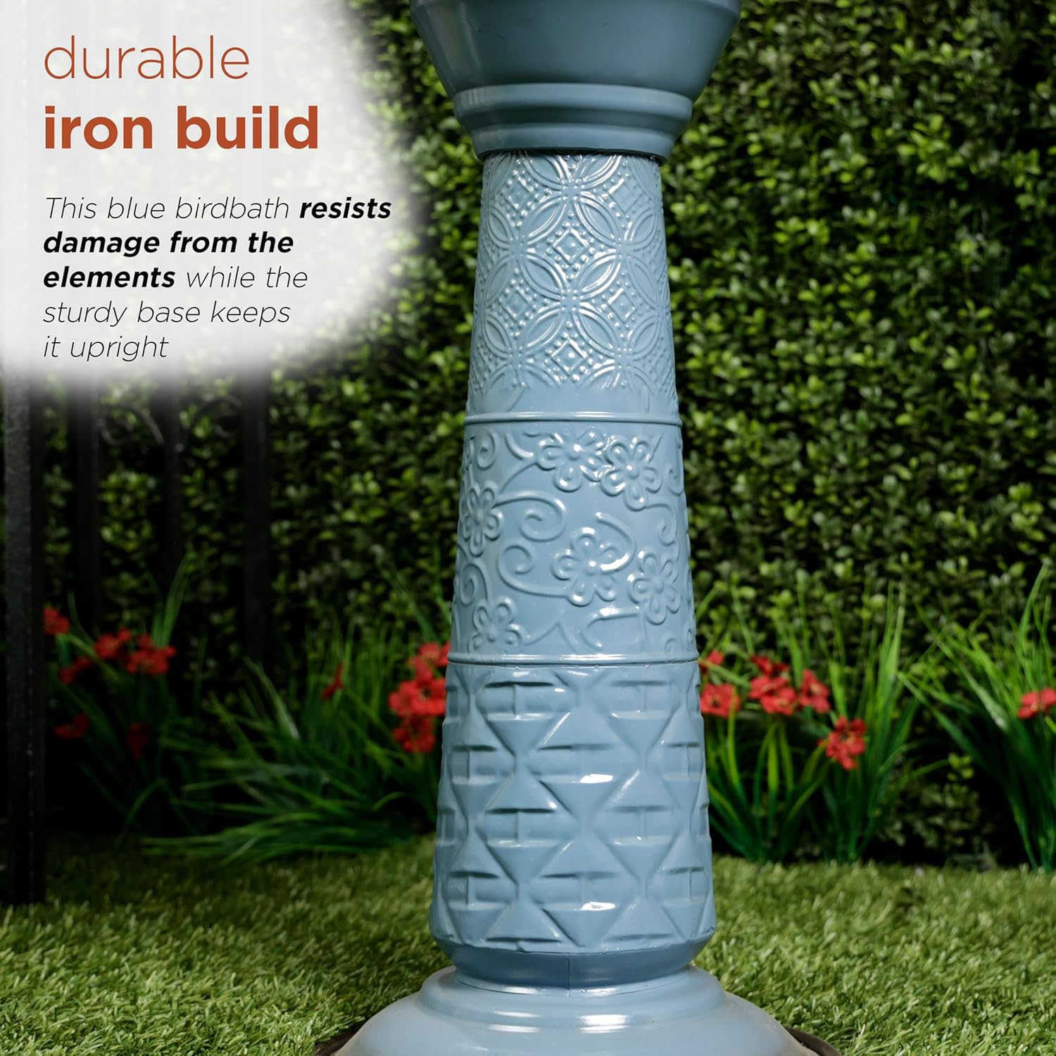 Alpine Corporation ORS112BL Vintage Metal Pedestal Birdbath with Stand, Shallow Bird Bath Bowl for Outside, 28" H, Blue