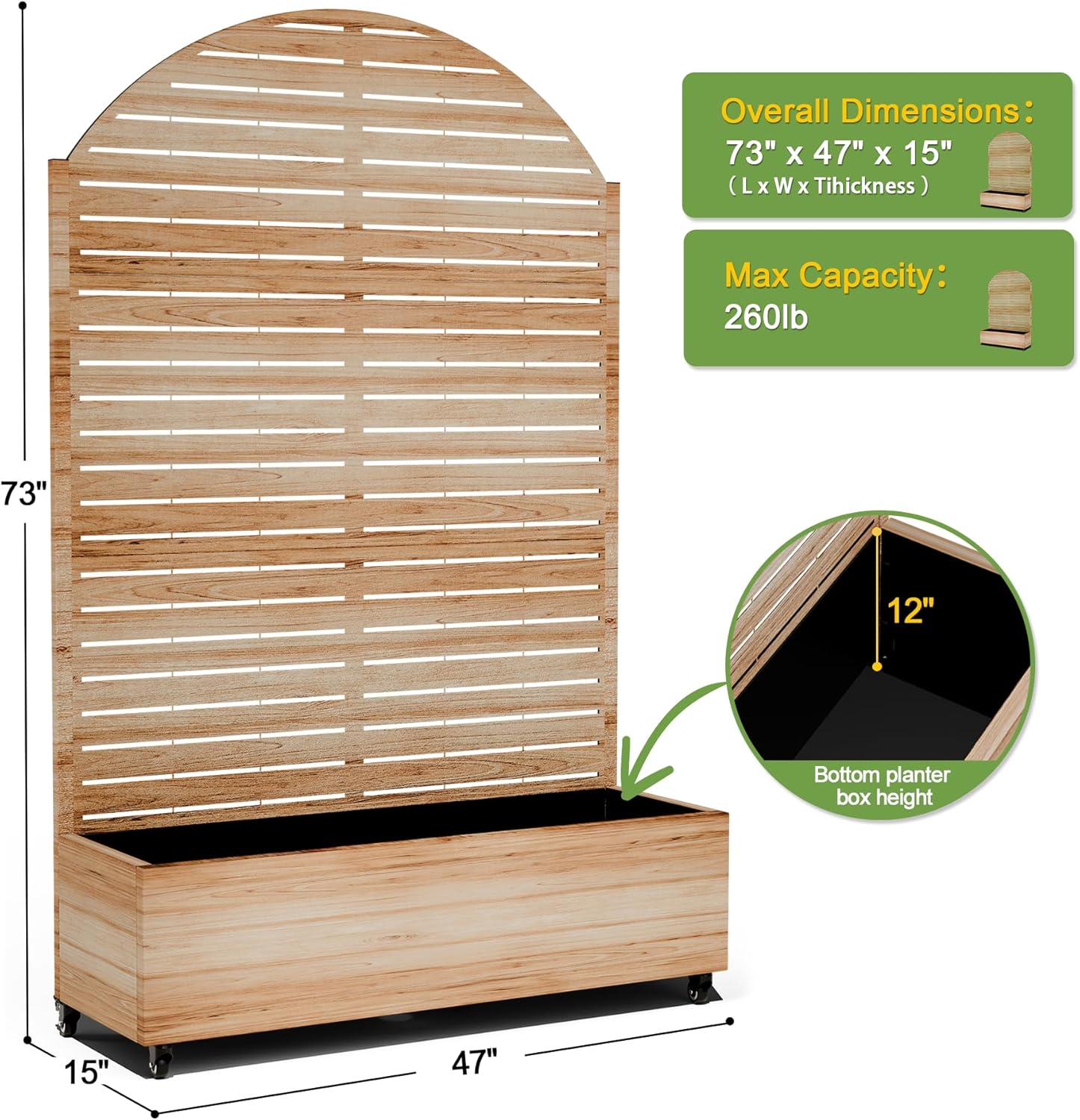 FENCY Metal Raised Garden Bed with Wheels and Trellis,Arched 73"x47"x16" Planter Box for Climbing Plants, Vegetables & Vines, Features Privacy Screen and Drainage Holes (Acacia Wood Finish)
