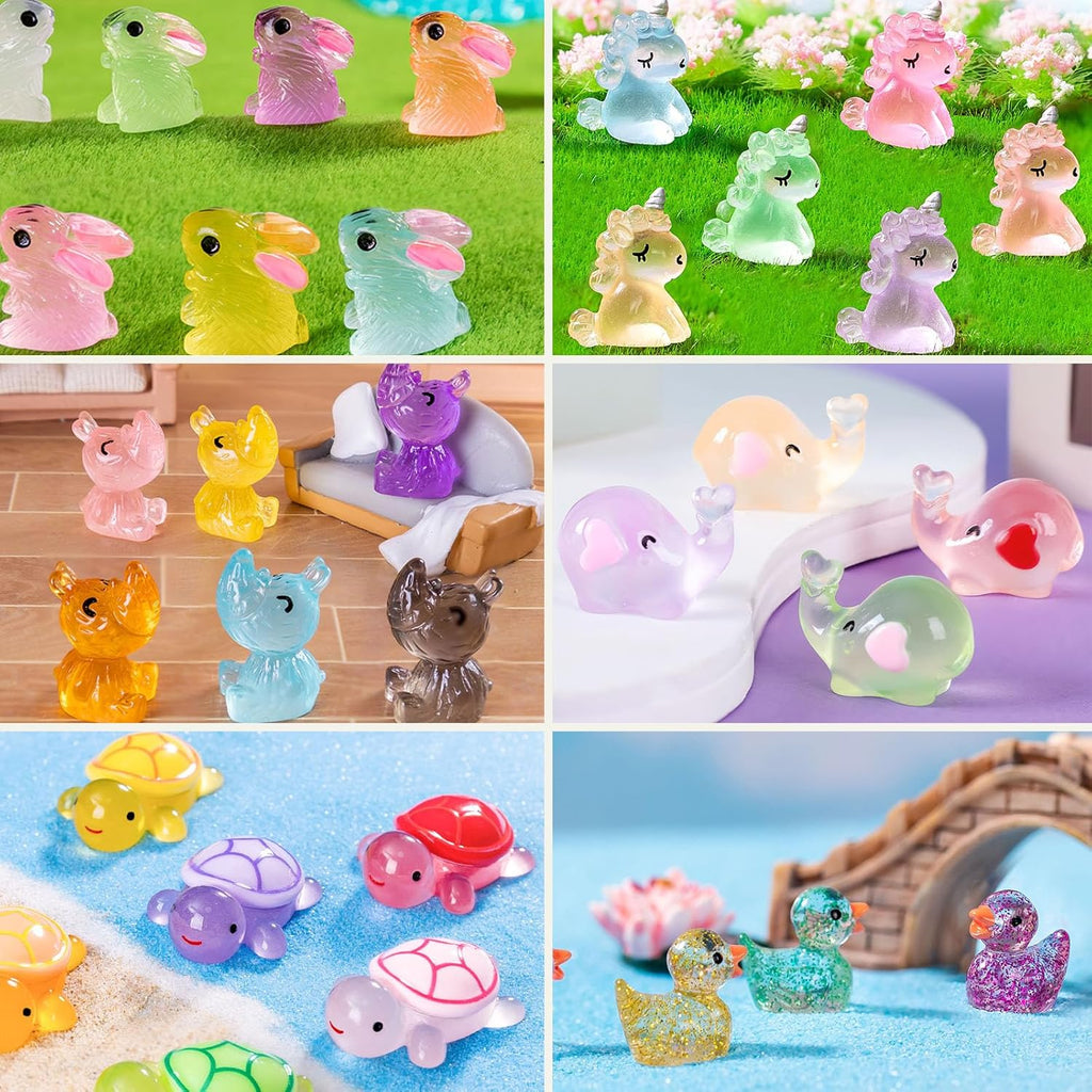 Luminous Mini Resin Animals Figures to Hide, 72 PCS Small Animal Figurines Tiny Plastic Animals Bulk Glow in The Dark, Little Ducks Miniature Turtles Micro Unicorns for Fairy Garden Aquarium Decor