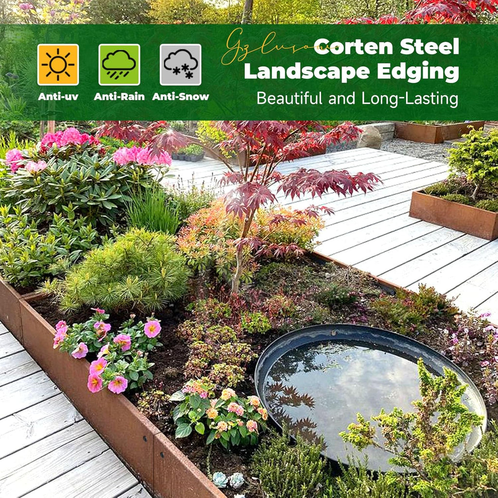 Cortens Steel Garden Metal Landscape Edging 40 inch with Top Bending Protection Pre-Rusted Cortens Steel Garden Edging 8 Inch Depth 90 Degree Bend 6 Pack for Lawn Yard (8 inch-90 Degree Bend, Rusted)