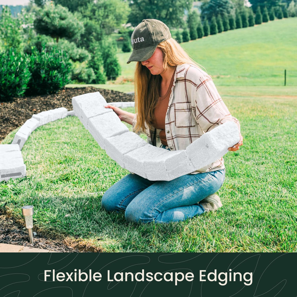 Beuta Landscape Edging | Garden Edging Border | Faux Stone Blocks for Lawn Edging, Flower Beds & Yard Edging – 4 Pack | Each Section Has 6 Blocks 48" L x 4" W x 6.5" H | 8 Spikes | Limewash