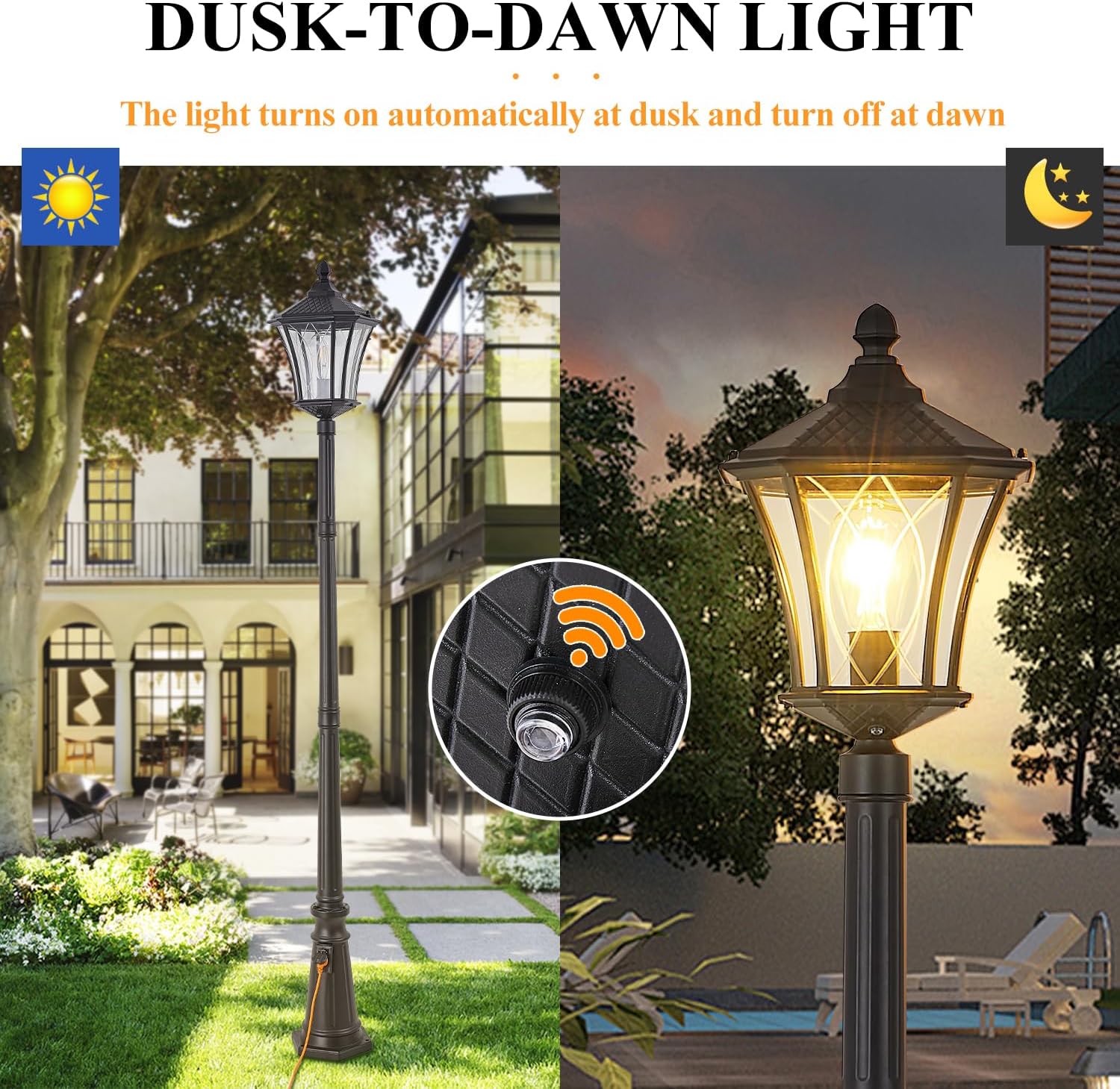 Outdoor Lamp Post Lights with Outlet, Dusk to Dawn Pole Lamp with Patterned Glass, Aluminum Waterproof Outside Street Lights, Hardwired Black Light Pole for Backyard, Garden, Driveway