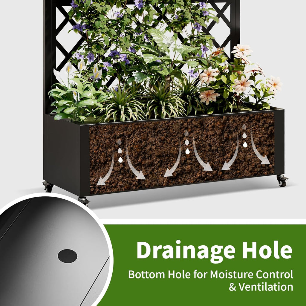 Metal Planter Box with Trellis and Wheels, 73"x35"x16" Galvanized Steel Raised Garden Bed with Drainage Holes and Privacy Screen Function for Climbing Plants, Vegetables, Flowers, and Vines–Black