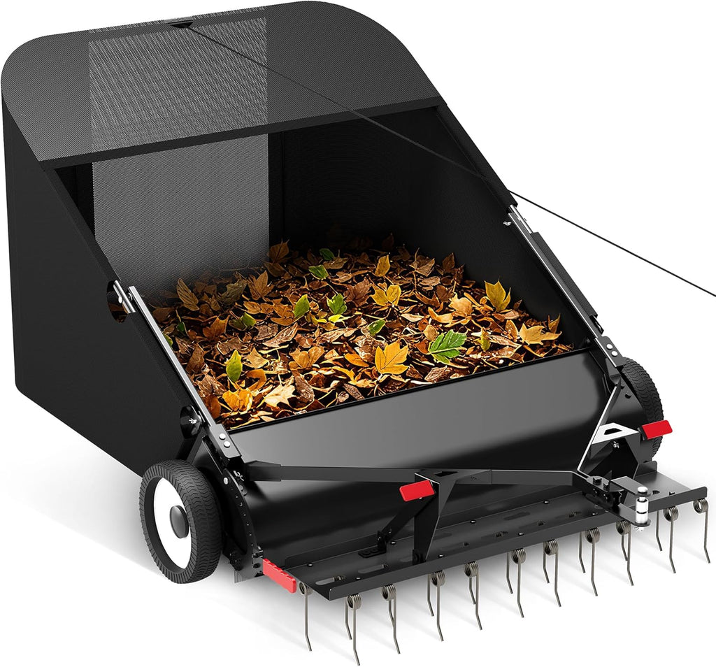 Suchtale 42" Tow Behind Lawn Sweeper with Dethatcher – 21 Cu. Ft. Leaf Collector with Adjustable Sweeping Height, Large Hamper Windscreen for Lawn, Yard, & Artificial Grass, Tractor/Mower Attachments