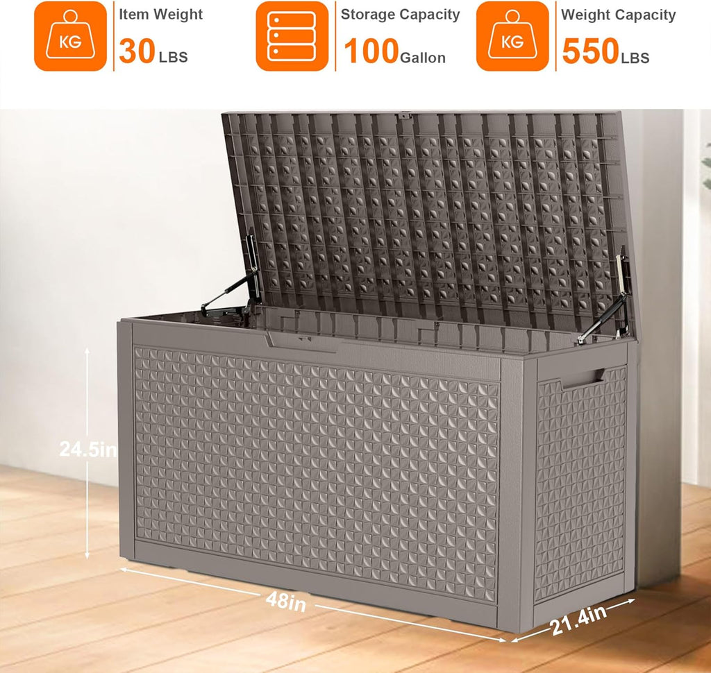 100 Gallon Outdoor Storage Box - Deck Box Waterproof Patio Furniture, Garden Tools, Cushions, Pool Accessories Outside Storage Resin Box