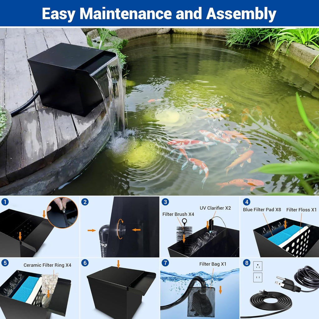 NFESOLAR Large Waterfall Filter System, Pond Filter Waterfall Kit Stainless Steel for Ponds and Streams up to 4,500 Gallons, Includes 5-Stage Filtration System, 1200 GPH Water Pump N4333