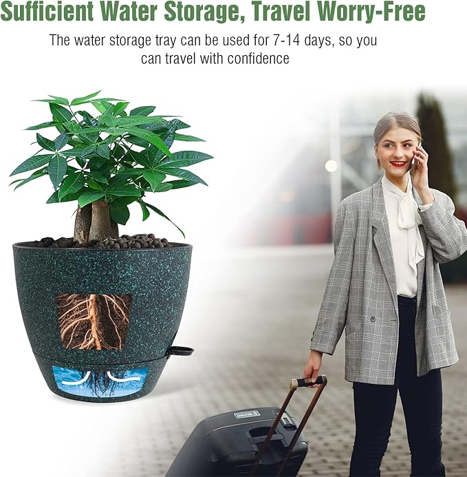 12 inch Large Self Watering Pots, Plastic Planters with 60oZ Removable Deep Reservoir and Multi Mesh Drainage Holes for Indoor Outdoor Garden Plants and Flowers, Black with Green Speckles