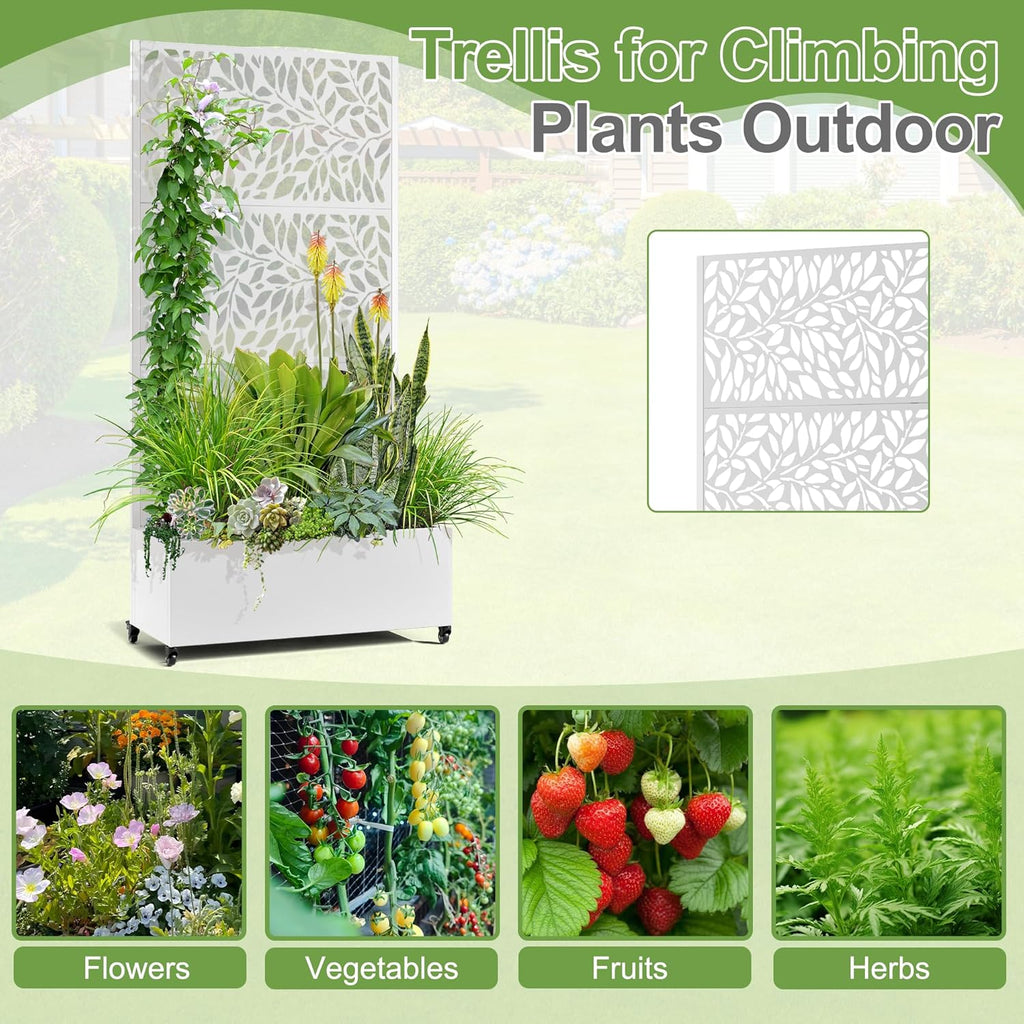 Raised Garden Bed with Trellis and Wheels,73"x35"x16" Metal Raised Garden Bed,White Flowing Leaf-2 Metal Planter with Climbing Trellis for Vines & Vegetables