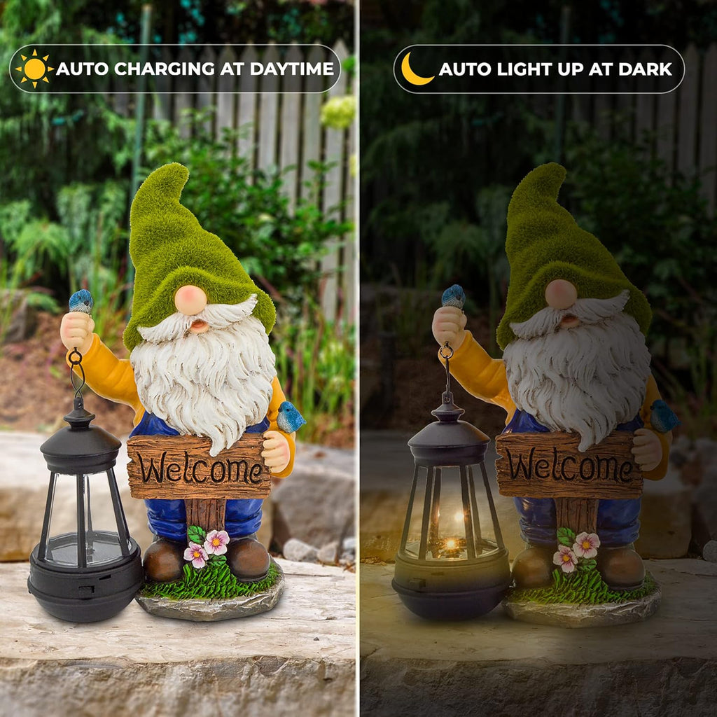 Christmas Garden Gnomes Outdoor - Flocked Gnome Statue Holding Lantern with Solar LED Lights | Gnomes Garden Decorations for Patio, Yard, Lawn Ornaments - Gnome Gifts