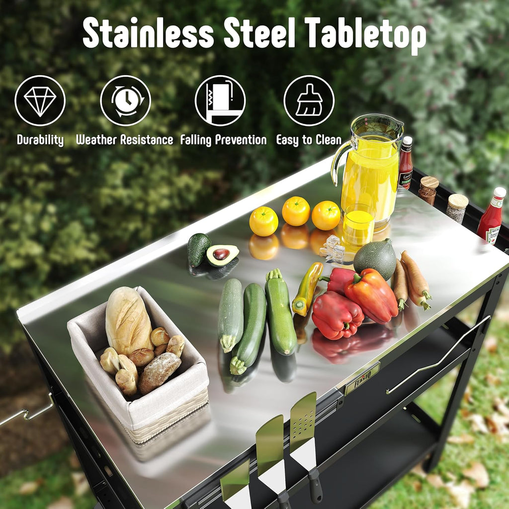 31.5"x18" Outdoor Grill Cart with Stainless Steel Tabletop, Movable Grill Table with Seasoning Rack & Magnetic Tools Holder, Backyard BBQ Kitchen Food Prep Table for Portable Grill & Pizza Oven