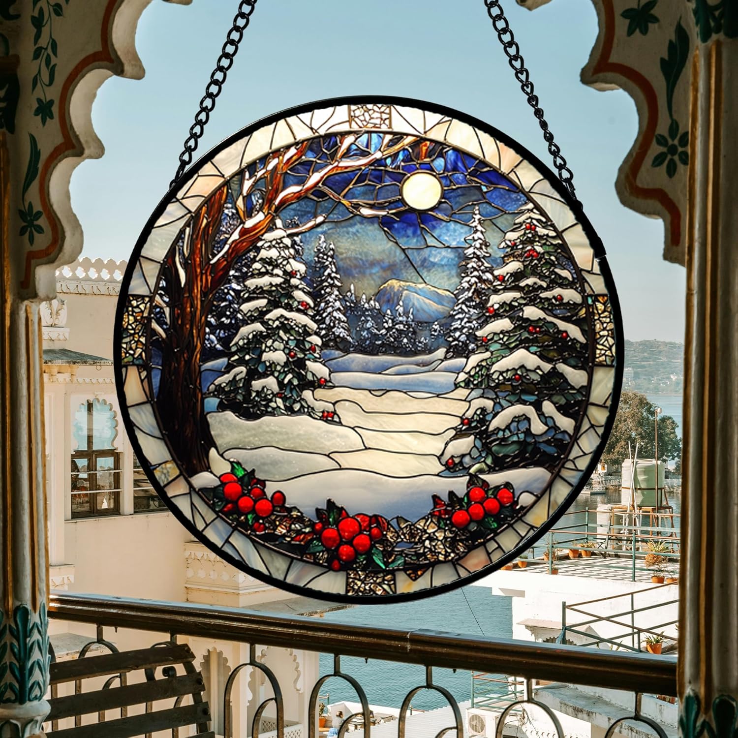 Stained Glass Window Hanging Christmas Tree Winter Snow Night Scenery Large 14.9" - Suncatcher Door Garden Kitchen Sun Catcher Home Decor Birthday for Mom Men Woman Friend