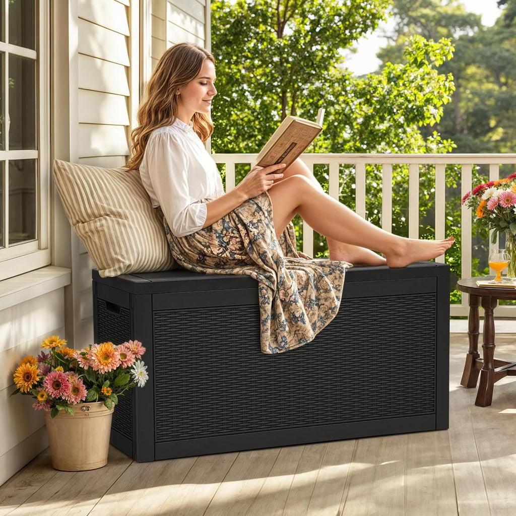 YITAHOME 60 Gallon Resin Deck Box, Weather Resistant Outdoor Rattan Storage Box, Lockable Indoor Outdoor Storage for Supplies and Essentials, Black