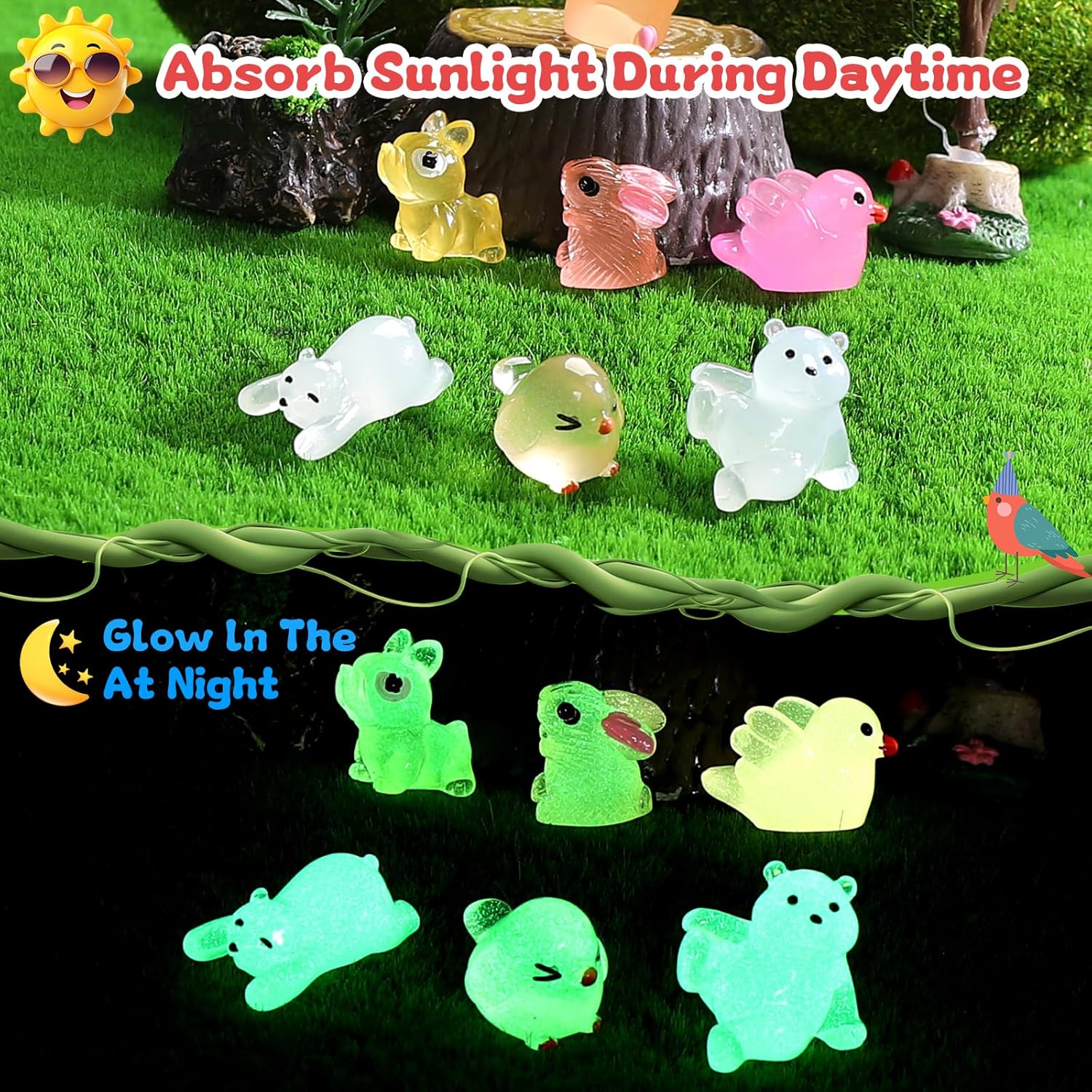 Luminous Mini Resin Animals 100 Pcs Glow in The Dark Resin Animals 100 Styles Miniature Fairy Garden Mini Ducks Figurines Slime Charm for Accessories Landscape Aquarium Potted Decoration