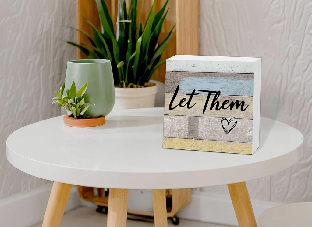Let Them Wooden Sign, Office Decorations for Work, Let Them Mental Health Rustic Wood Box Signs 5x5 Inch, Desk Shelf Tabletop Decor for Home Cubicle Decor, Office Gifts for Coworkers Women, 15