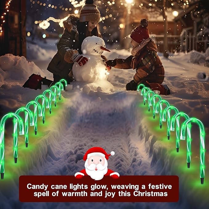 10" 10 Pack Christmas Candy Cane Lights, Candy Cane Lights with 10 Stakes for Walkway Patio Yard Patio Garden Festival Holiday Outdoor Indoor Landscape Path, Christmas Decorations Outside, Green