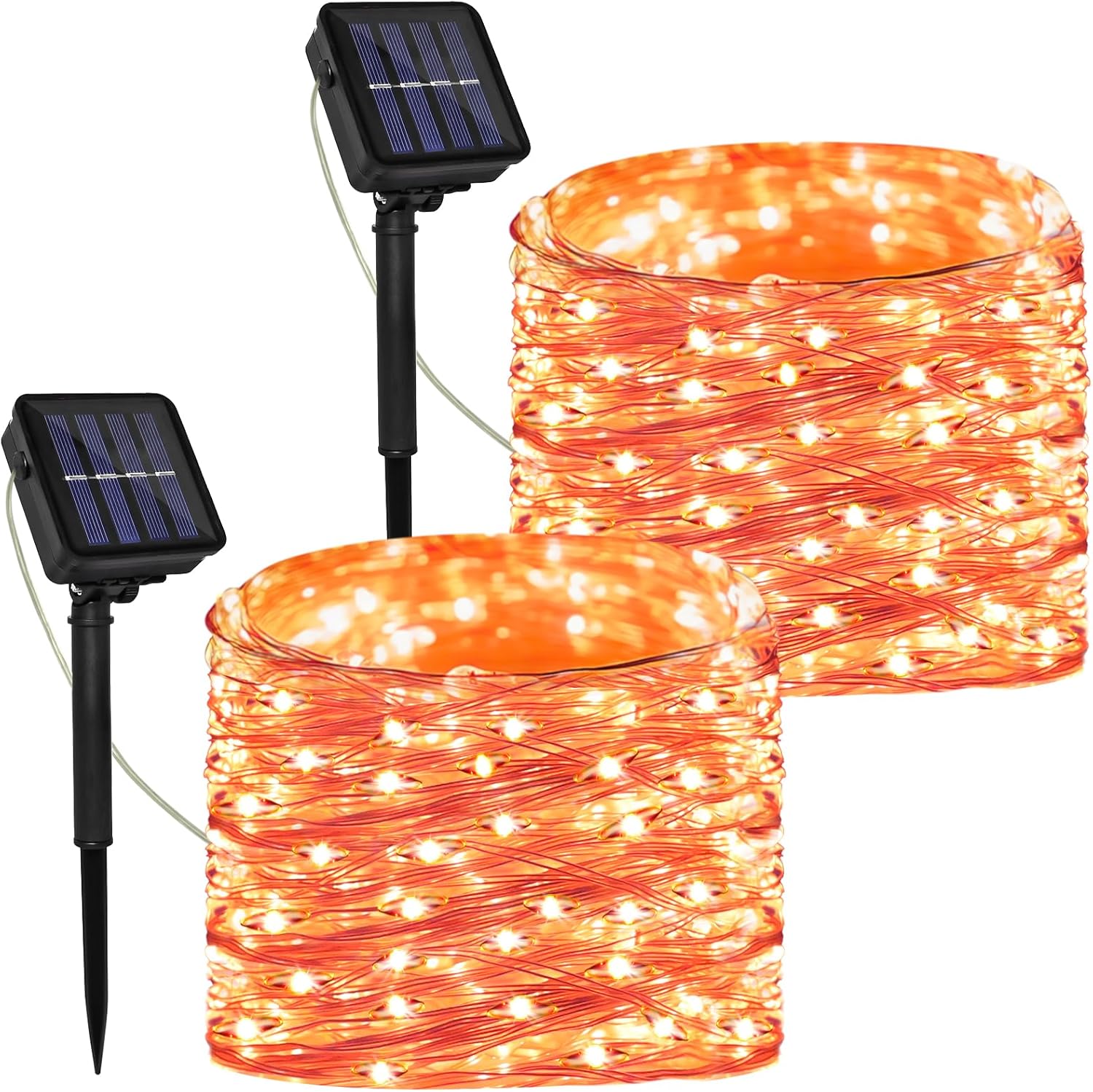 Solar Powered String Lights Outdoor, 2 Pack Total 200 LED 66FT Solar Powered Halloween Decorative Fairy Lights 8 Modes Black Wire for Halloween, Garden, Patio, Party, Yard, Christmas(Orange)