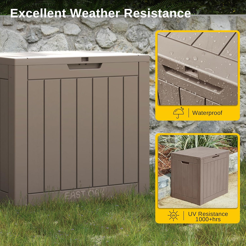 EAST OAK Outdoor Storage Box, 31 Gallon Deck Box, Waterproof Resin Storage Bin for Patio Cushions, Gardening Tools, Accessories, Lockable, UV Resistant, Brown