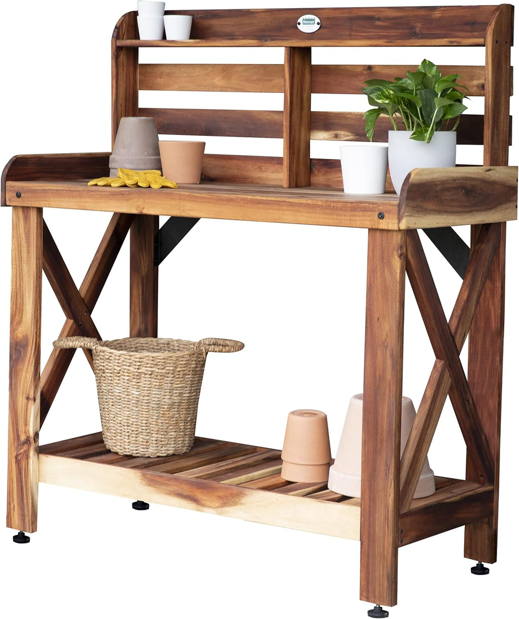 Backyard Discovery 47" Acacia Wood Garden Potting Bench & Serving Bar with Lower Storage Shelf, Leveling Feet, All-Weather Farmhouse Design for Patio, Deck, Porch, Kitchen, Dining Room