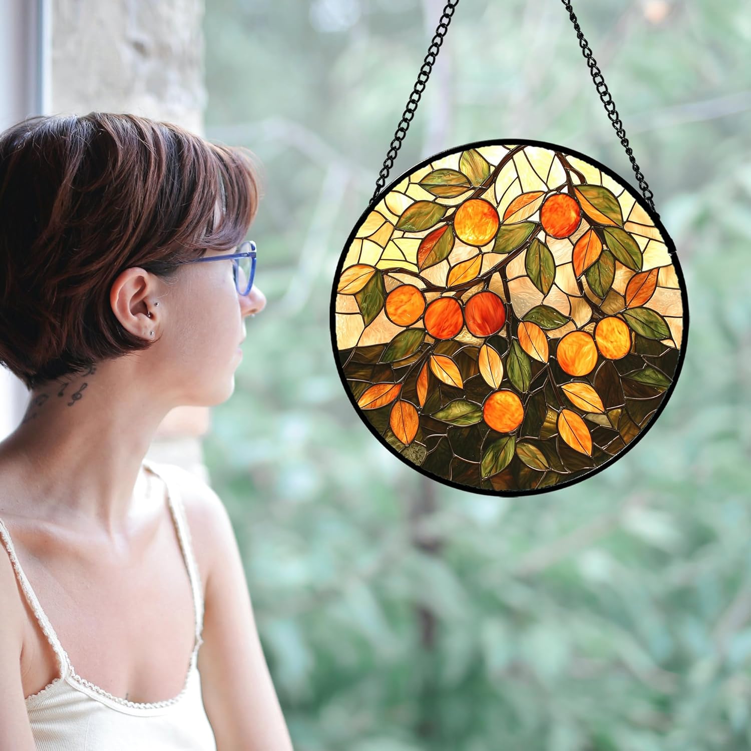 Stained Glass Suncatcher, Orange Green Fruit Tree Sun Catcher Landscape Stain Glass Window Hanging Decoration Mother's Day Birthday Gifts for Women Men Mom Nana 7.8 in