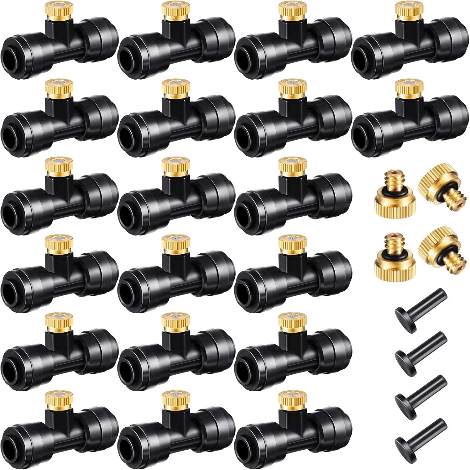 Misting Nozzles Kit Include Water Misting Tees Thread 1/4 Inch and Brass Orifice Nozzle with Black Plug for Outdoor Spray Cooling System(48 Pieces)