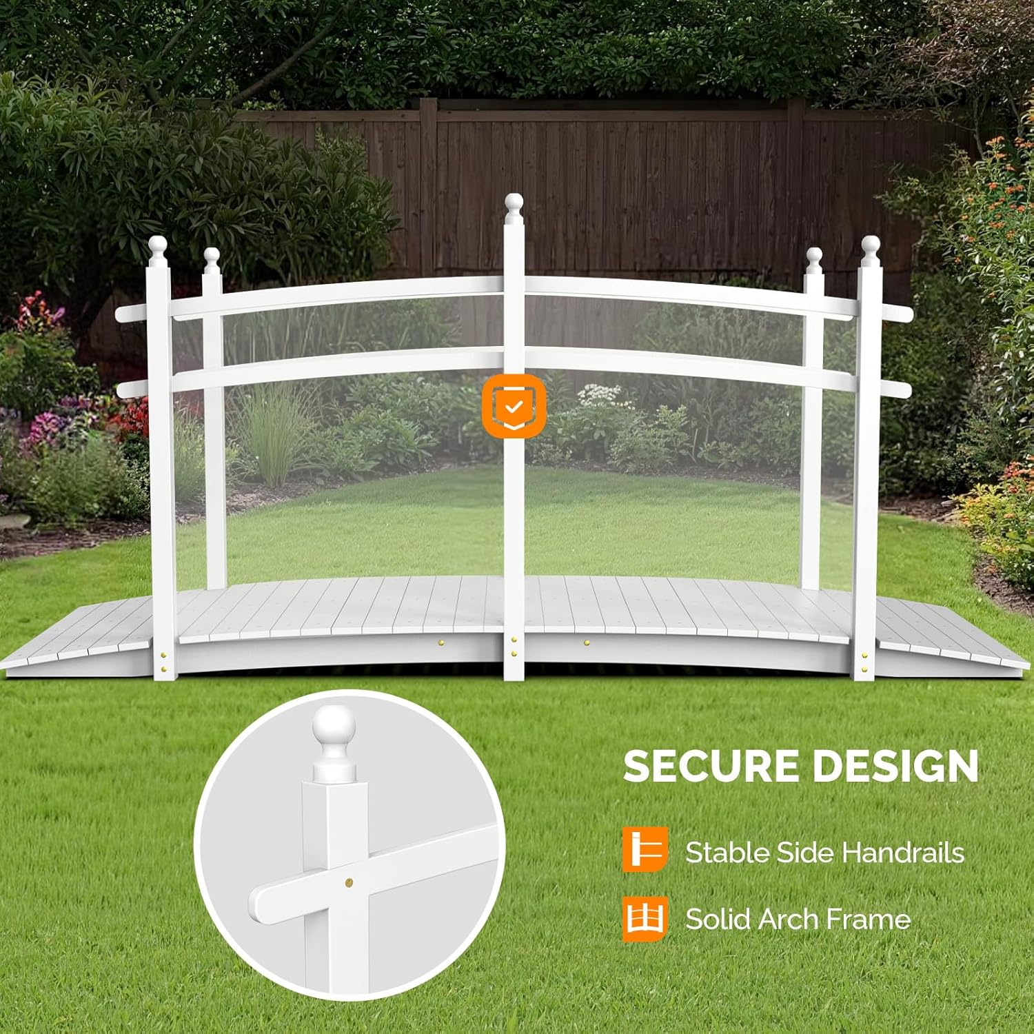 VINGLI Garden Bridge, Classic Wooden Arch with Safety Rails Footbridge (White, 7.5 ft)