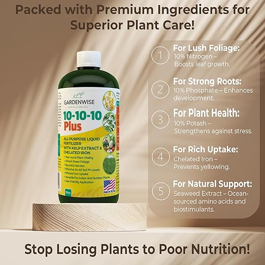 10-10-10 Fertilizer for All Purpose Plants - Liquid Fertilizer with Seaweed Kelp & Iron - Plant Food Outdoor & Indoor Plant Food, Vegetables, Flowers, Lawn & Garden 10 10 10 Fertilizer 32oz