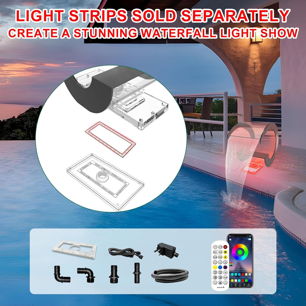 Pool Waterfall Fountain Transparent Acrylic Fountain 15.16'' x 15.16'' x 11.42'' Silver Pool Fountains for Ground Pools Garden Outdoor Waterfalls Sheer Descent Pond Water Feature