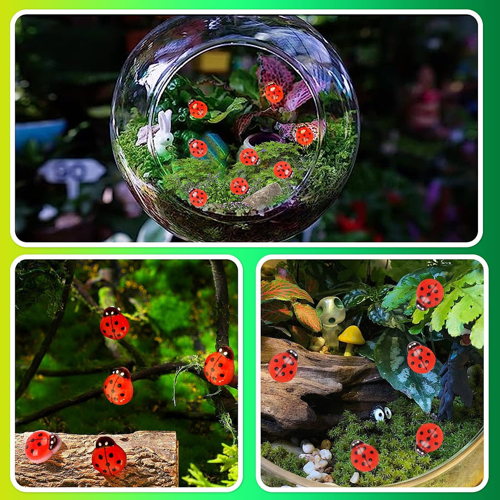 KIMOBER 100PCS Mini Luminous Ladybug Miniature Figurines,Glow in Dark Resin Animals Ladybug Figures for Fairy Garden Micro Landscape Decor Cake Topperr