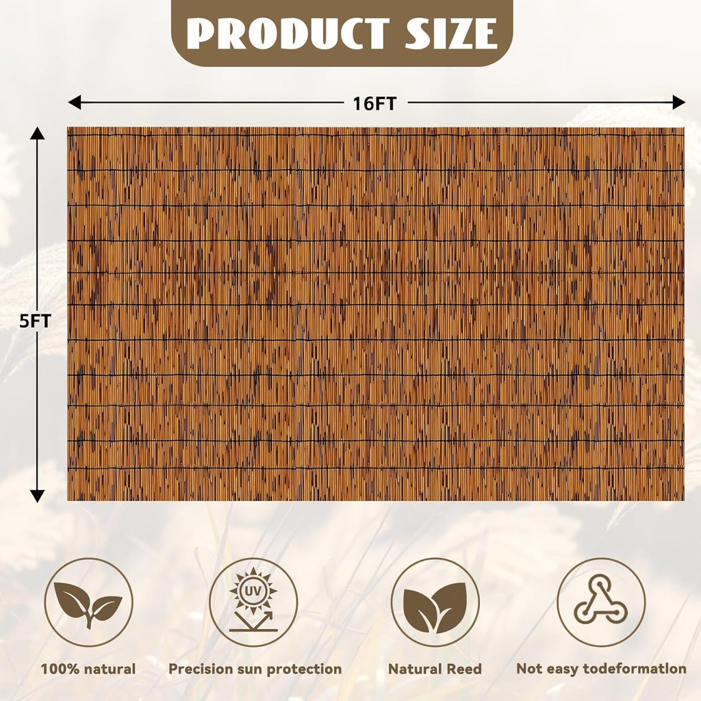 Bamboo Reed Fencing, Light Russet Decorative Bamboo Privacy Fence 5ft High, Reed Curtains for Patio Garden Balcony Outdoor Privacy Screen, 5 x 16 FT