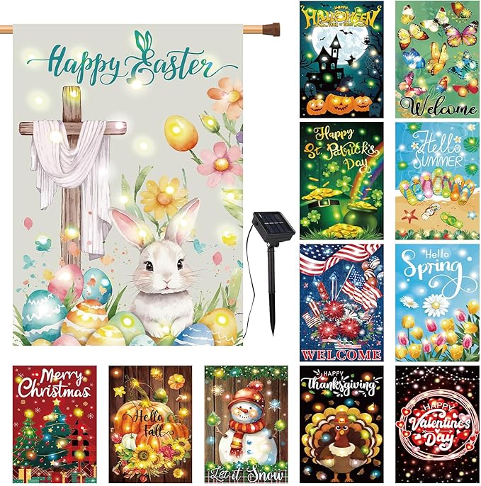 12 Pcs Solar Seasonal LED Garden Flags 28 x 40 Inch Double Sided Yard Flags Spring Easter Halloween Fall Thanksgiving Day Decorations Welcome Garden Flag Lawn Yard Outdoor Holiday Decoration
