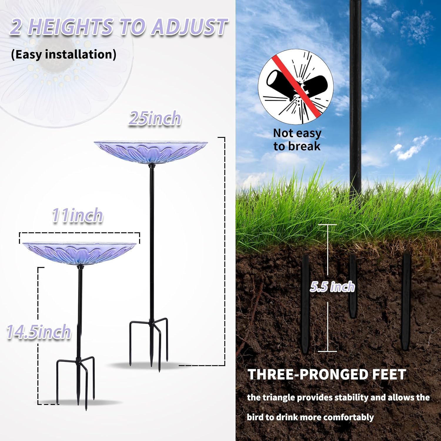 MUMTOP Bird Baths for Outdoors, Glass Bird Bath Stake, Purple Daisy Birdbaths & Support, Bee Baths for Garden, Outside, Lawn, Outdoor Decor