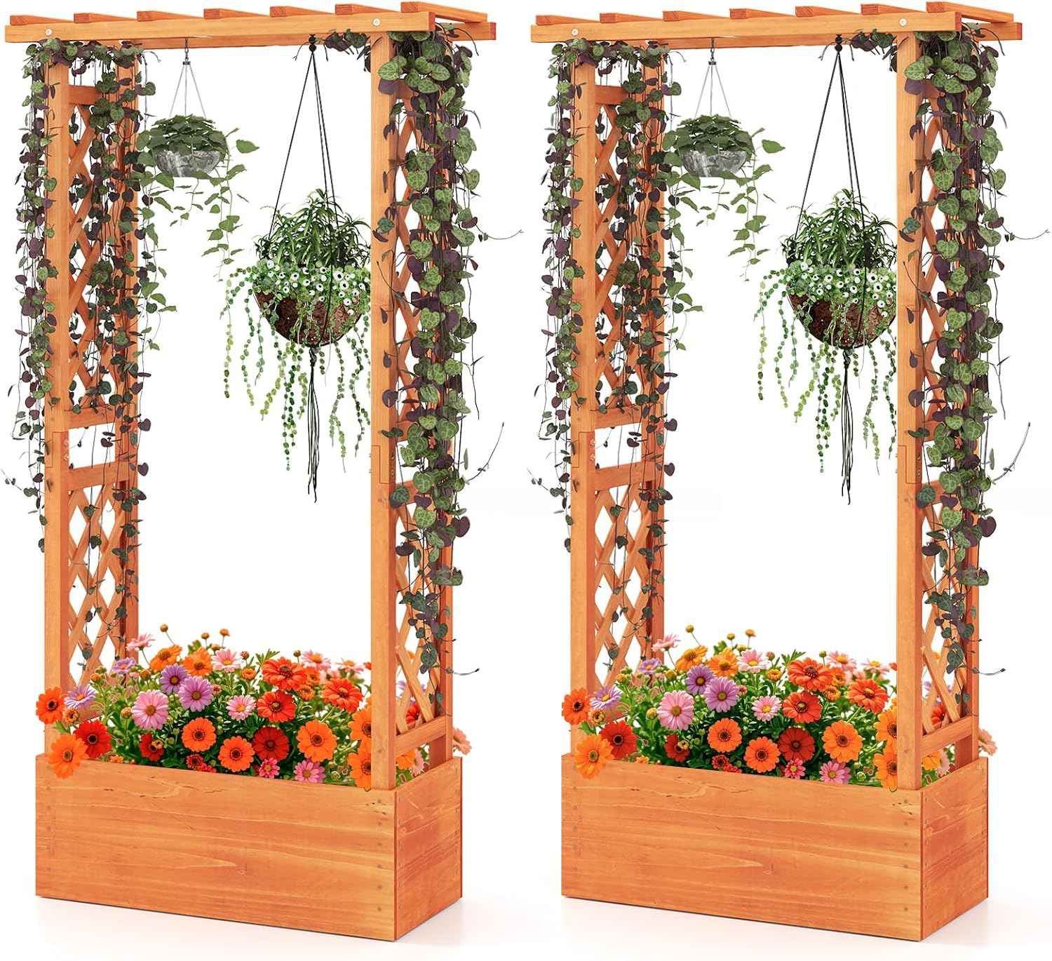 S AFSTAR Raised Garden Bed with Trellis, 2 Pieces Wood Planter Box with Hanging Roof & Drainage Holes for Climbing Plants, Vines, Flowers & Vegetables, Indoor Outdoor Plant Container for Patio & Yard