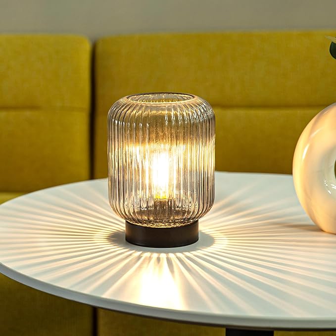 Battery Operated Lamp, Cordless Table Lamps Battery Powered Bedside Small Lamp with LED Bulb, Decorative Glass Lamp for Bedroom Living Room Home Decor-Light Grey