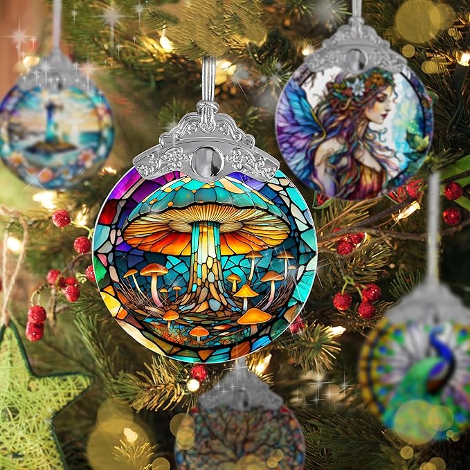Stained Glass Suncatcher, Jocidea Mushroom Ornament, Christmas Ornaments, Holidays Ornaments, Christmas Tree Decor, Mushroom Decor for Home, Mushroom Gifts
