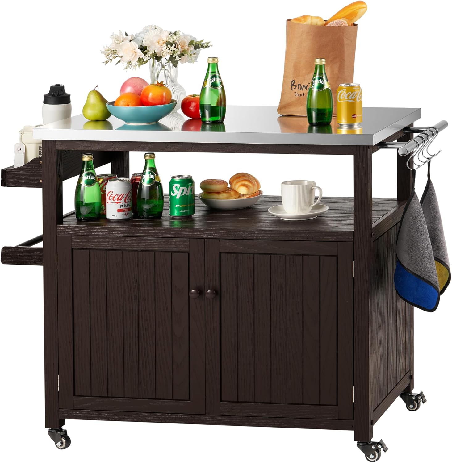 Spurgehom Outdoor Grill Table Solid Wood Storage Cabinet, Rolling Kitchen Island, Movable Bar Cart with Stainless Steel Top for Outside Patio, Backyard, Garden (Two Doors)