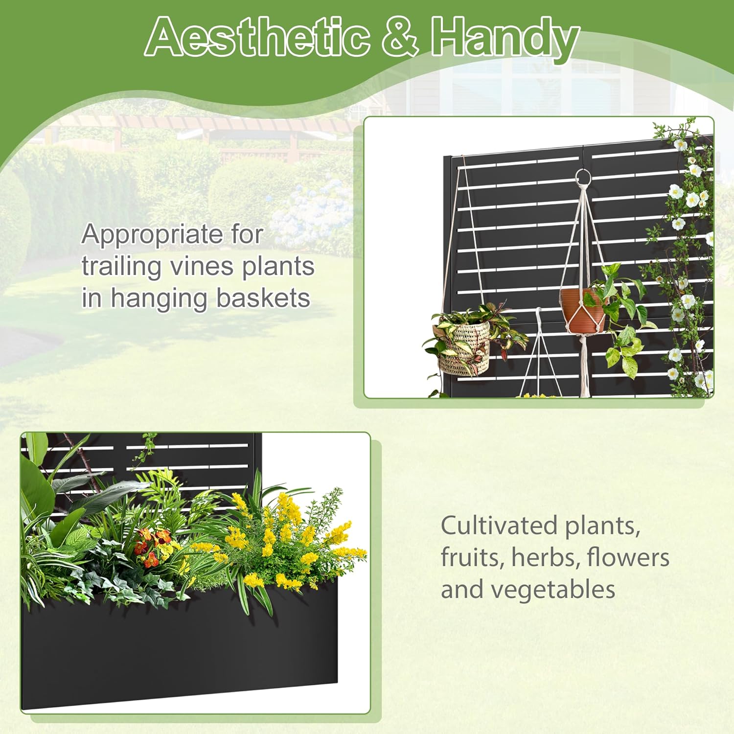 Trellis for Climbing Plants Outdoor，Mental Garden Bed with Drainage Holes Outdoor Privacy Screen Design Tall planters for herb Flower Vegetables 73"x35"x16", Black-Louvered