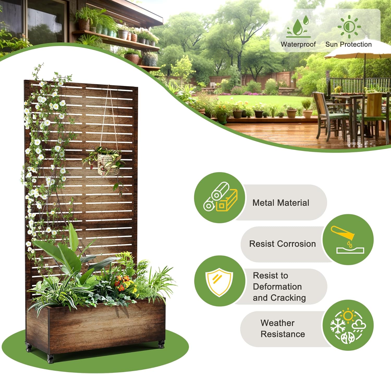 FENCY Metal Raised Garden Bed with Wheels and Trellis,73"x35"x16" Planter Box for Climbing Plants, Vegetables & Vines, Features Privacy Screen and Drainage Holes (Vintage Wood Color)