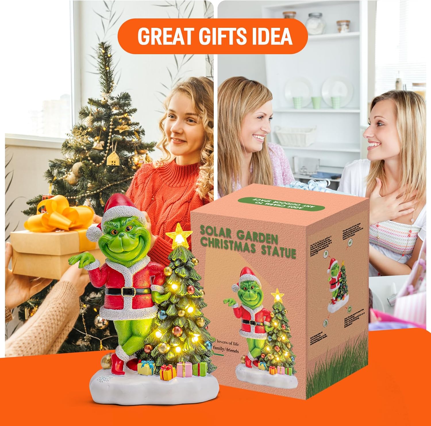 Solar Garden Outdoor Statues Green Monster with Christmas Tree and 6 LED Lights-Christmas Lawn Deco Statue for Patio, Balcony, Yard Ornament - Unique Christmas Housewarming Gifts