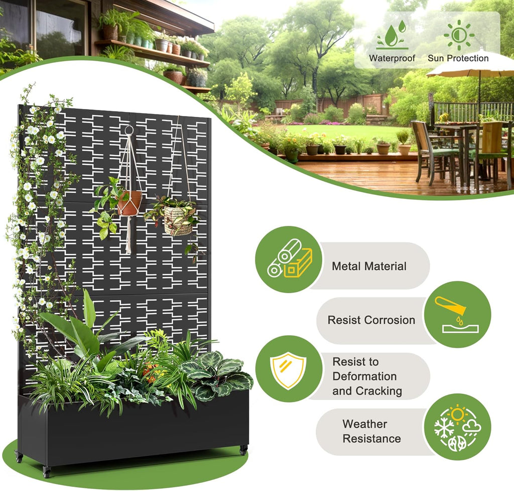 FENCY Metal Raised Garden Bed with Wheels and Trellis,73"x47"x16" Planter Box for Climbing Plants, Vegetables & Vines, Features Privacy Screen and Drainage Holes (Black-Brick)