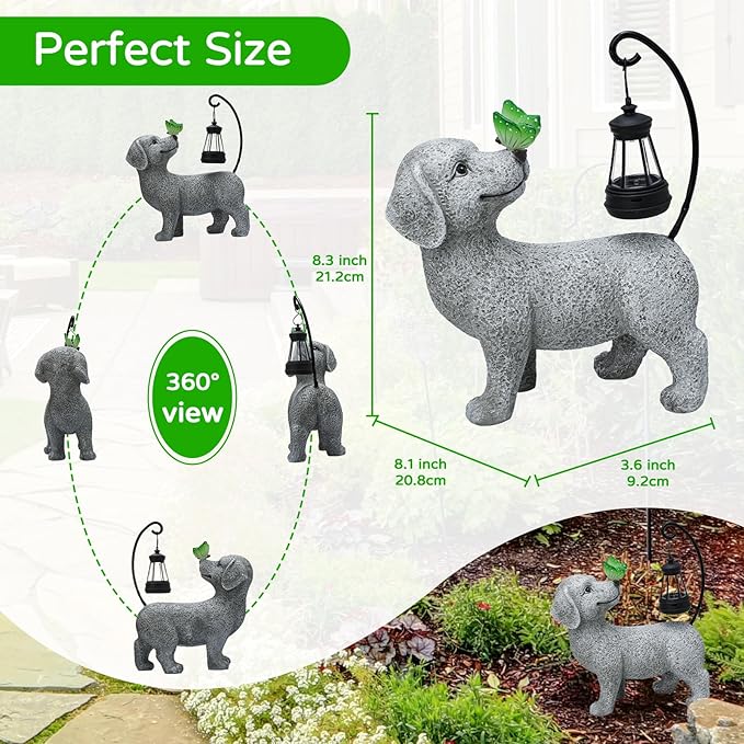Solar Garden Outdoor Statues Dog with Butterfly Solar Lantern, Lawn Decor Puppy Figurine for Patio Balcony Yard, Yard Unique Christmas Birthdays Gift for Mom Grandma