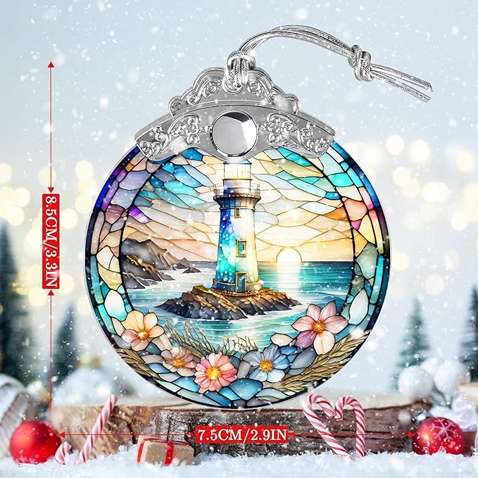 Stained Glass Suncatcher, Jocidea Lighthouse Ornament, Christmas Ornaments, Holidays Ornaments, Christmas Tree Decor, Lighthouse Decor for Home, Lighthouse Gifts