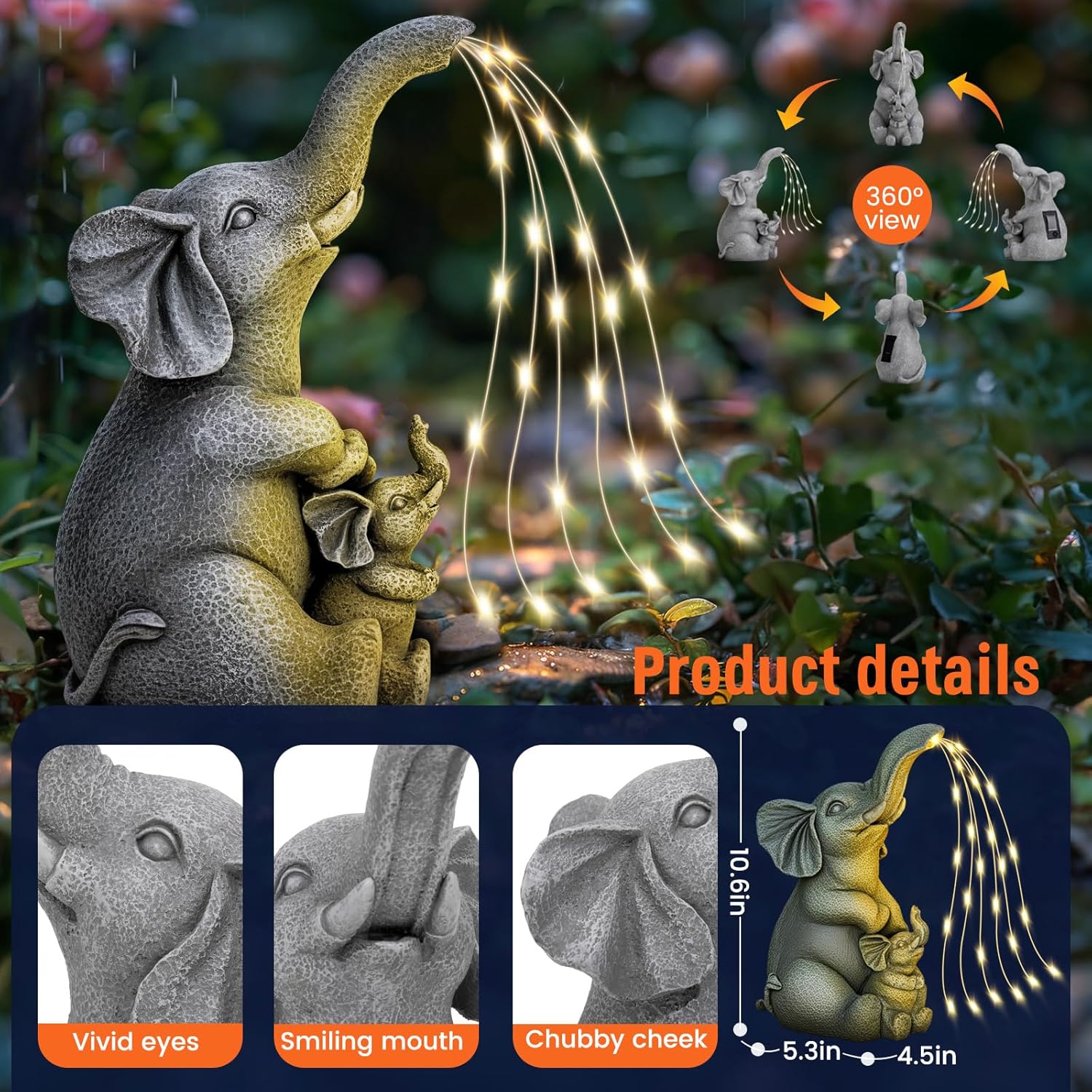 Solar Garden Outdoor Statue with 30 LED Lights - Lawn Decor Elephant Figurine for Patio, Balcony, Yard Ornament - Unique Housewarming Lucky Elephant Mother Gift