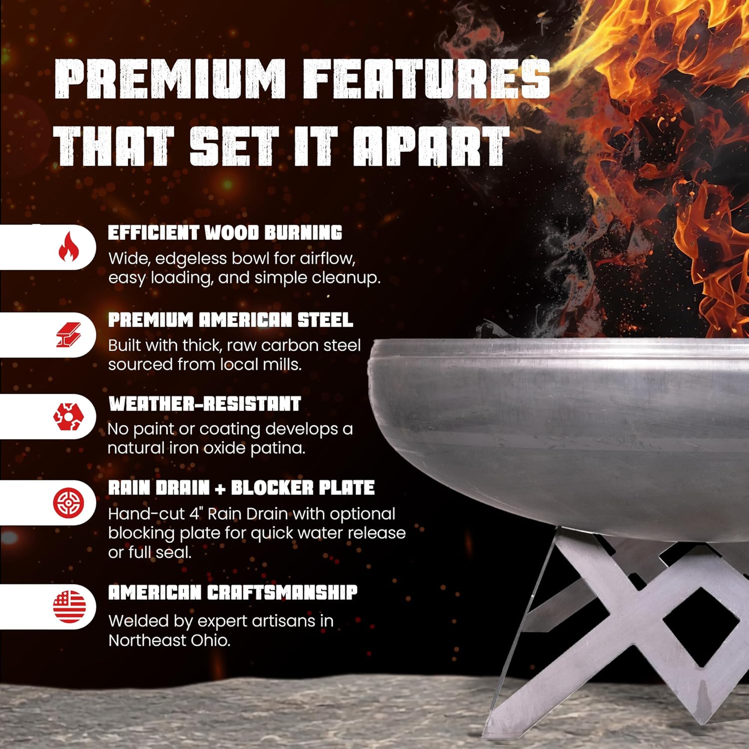 Ohio Flame - 30" Liberty Fire Pit with Angular Base (Made in USA) - Natural Steel Finish