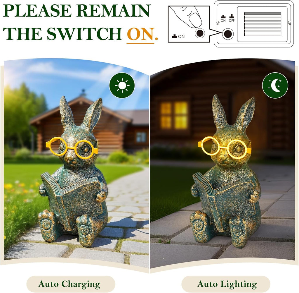 Solar Garden Decor, Adorable Rabbit Statue with Solar-Powered Glasses, Outdoor Bunny Figurine Lights for Patio, Yard & Balcony, for Kids, Mom & Grandma