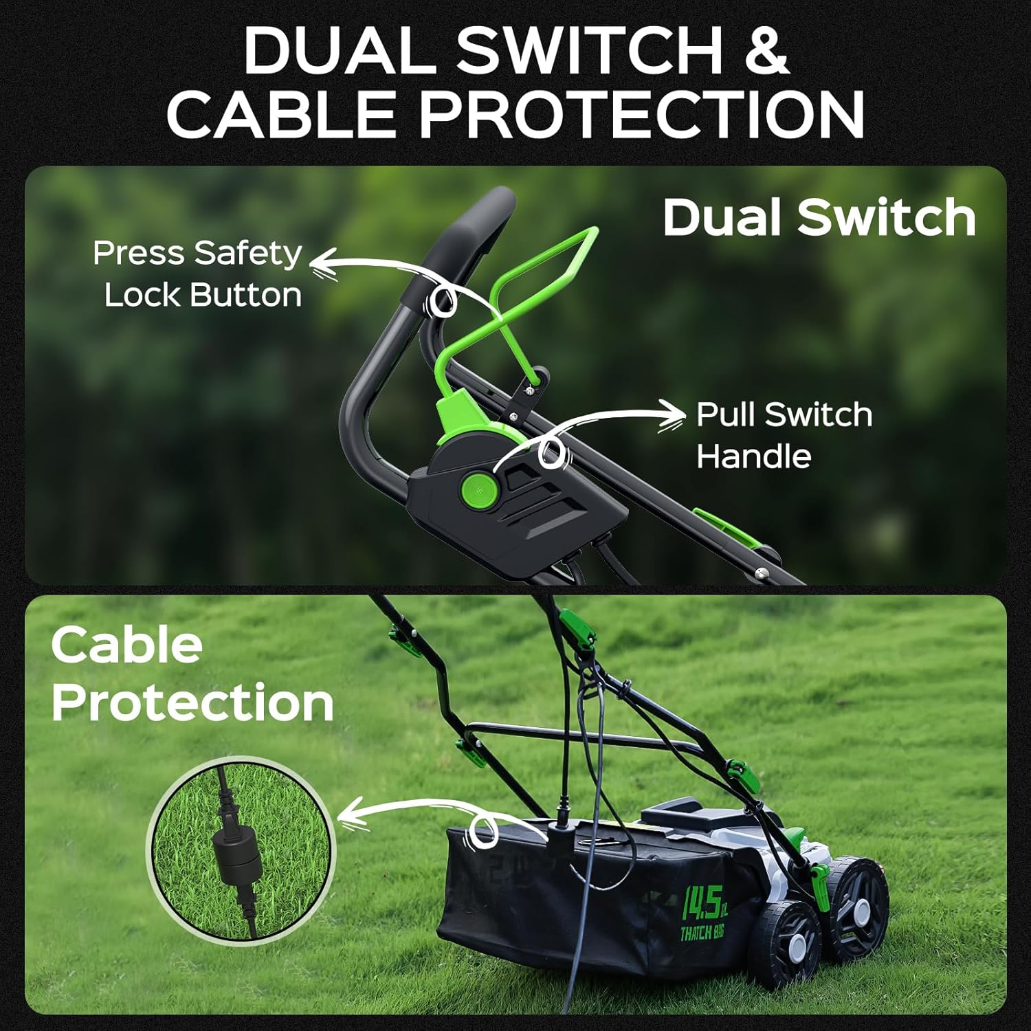 16-Inch 15.5 Amp 2-in-1 Electric Dethatcher and Scarifier with 14.5-Gallon Removable Thatch Collection Bag, Lawn Dethatcher with 5-Position Depth Adjustment, Quick-Fold, Keeps Lawn Healthy