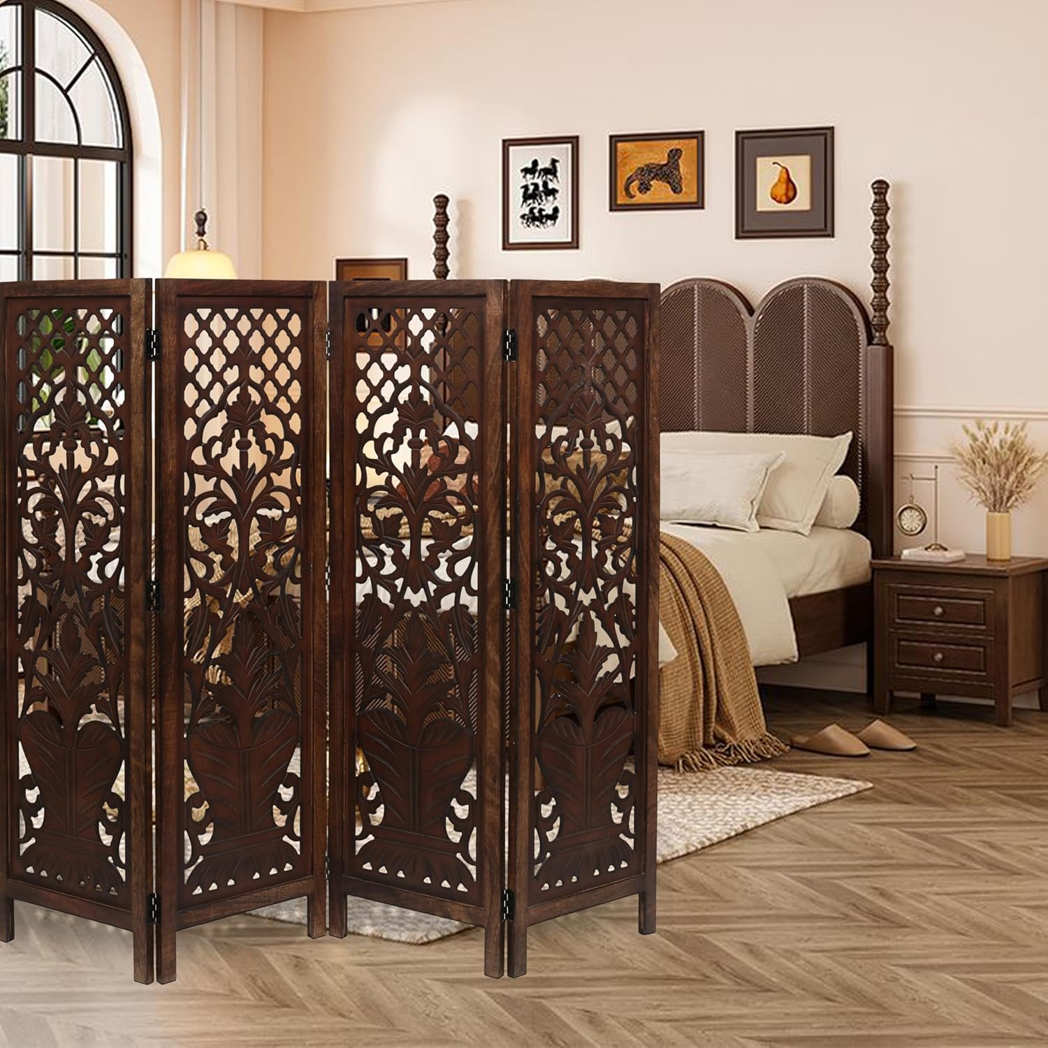 Room Divider Wood Screen Panel – Burnt Brown, 4-Panel Folding 64"x54", Hand-Carved, Reversible Privacy Partition, Decorative & Functional Portable Room Divider for Home or Office
